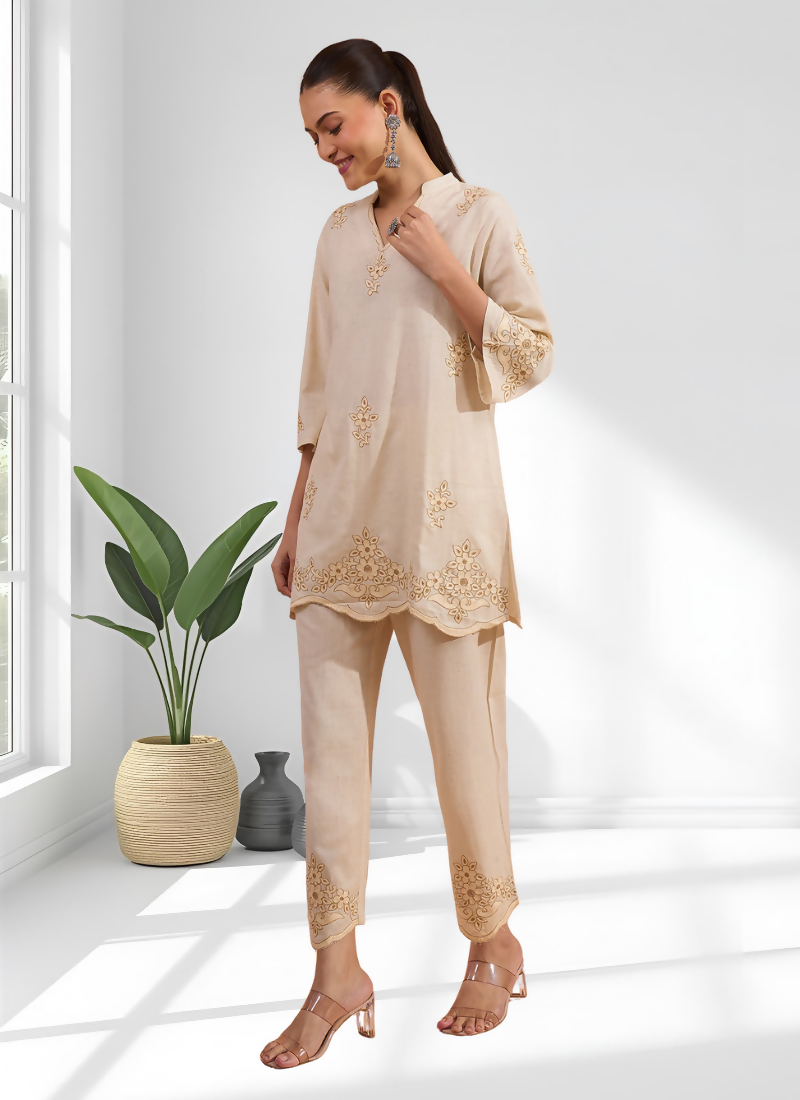 Joban Fashion Beige Linen Embroidered Readymade Cord Set | Grocsy
