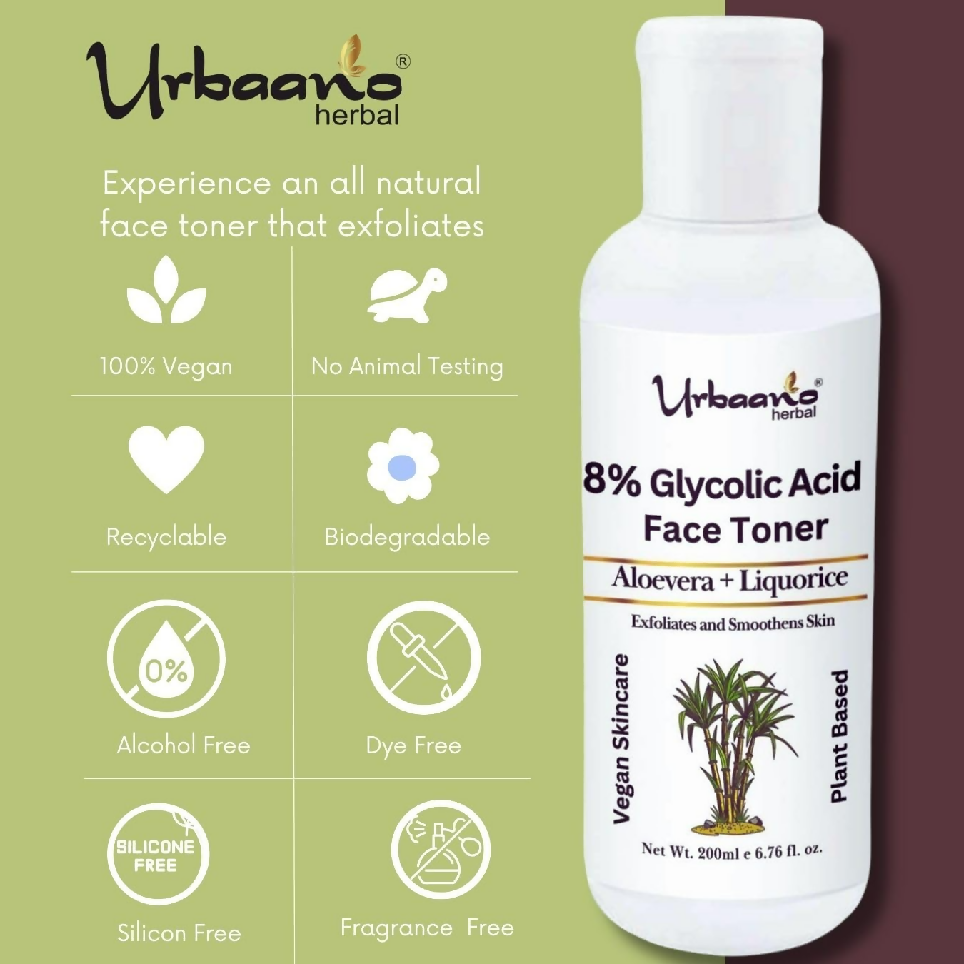 Urbaano Herbal 8% Glycolic Acid Toner For Glowing Skin | Grocsy