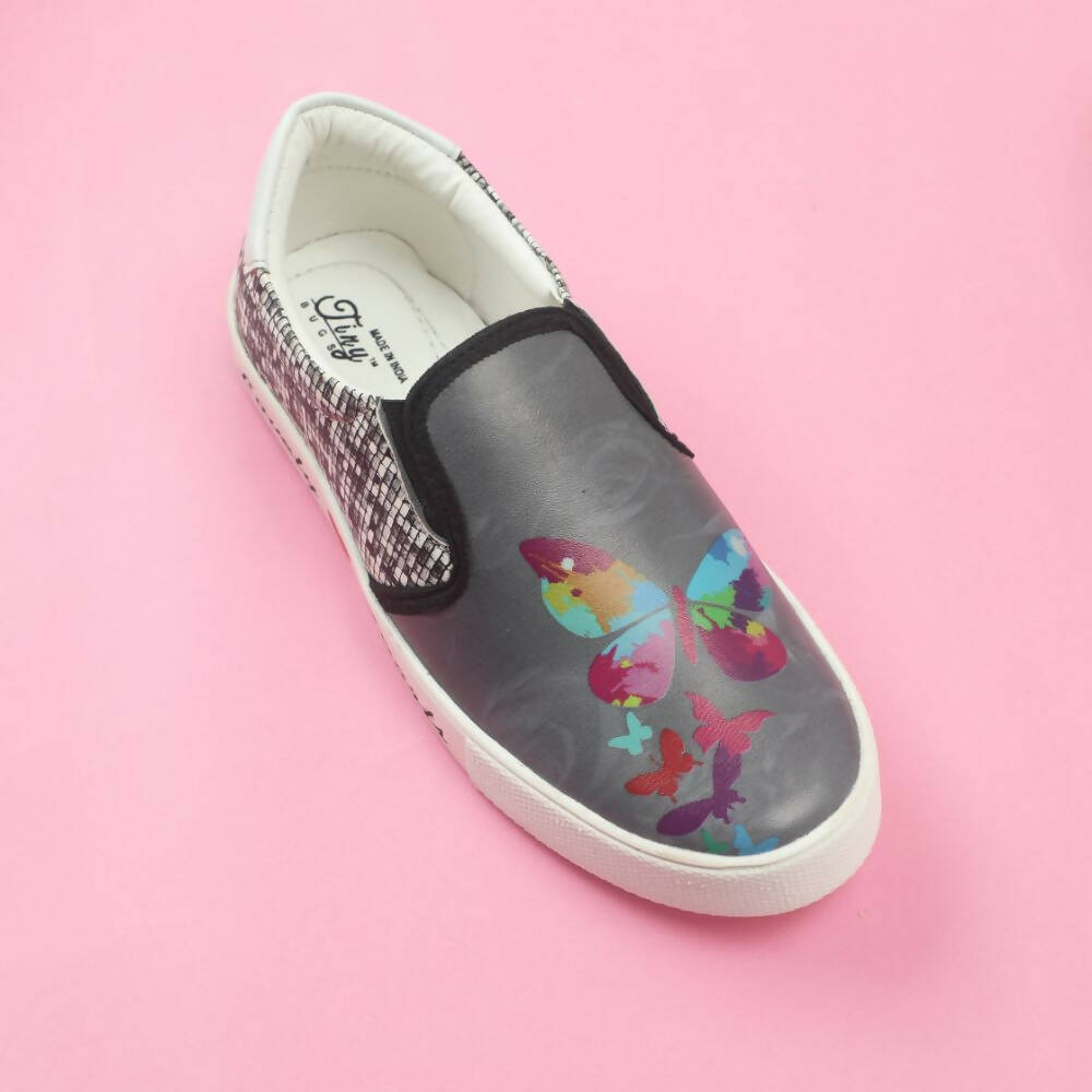 Tiny Bugs Girls Butterfly Print Slip Ons Sneakers - Dark Grey | Grocsy