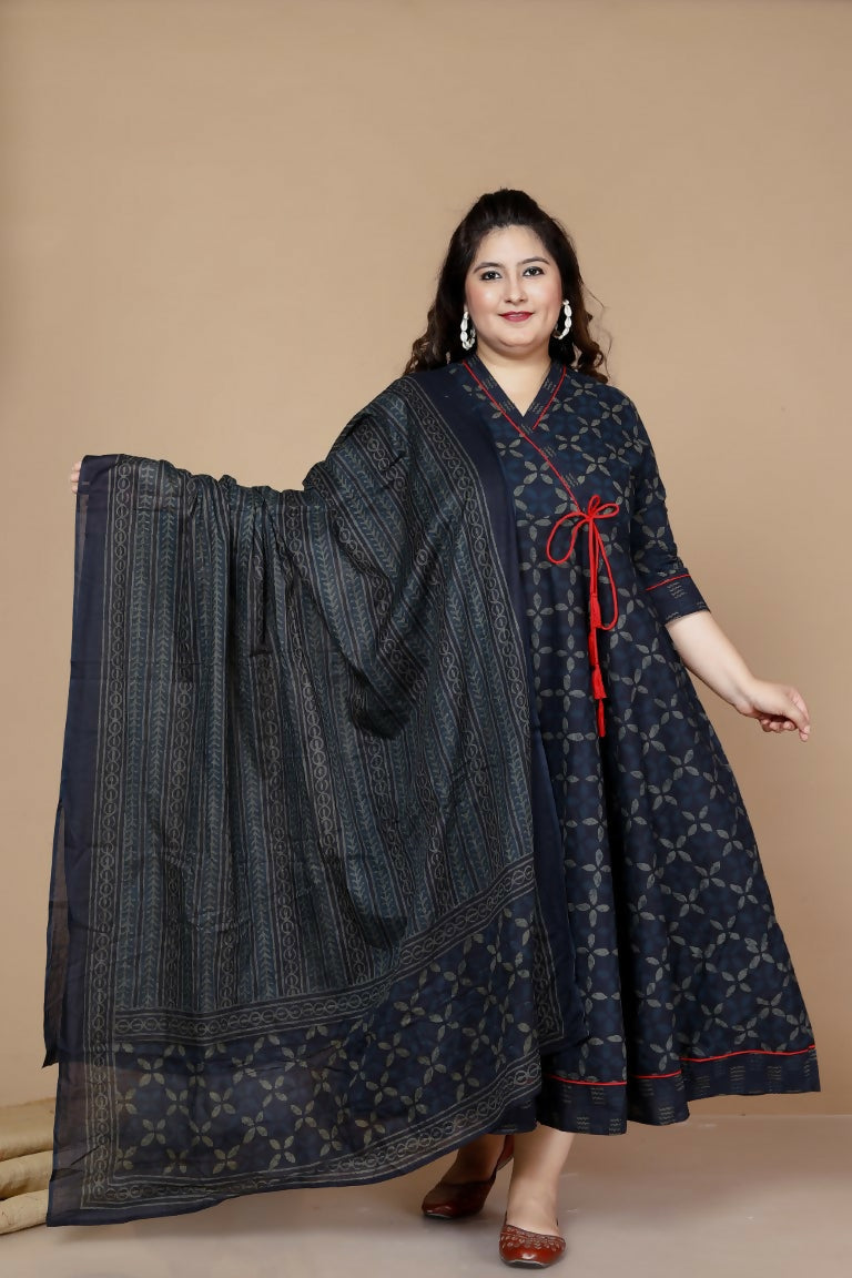 Miravan Women's Plus Size Abstract Printed & Tasseles Angrakha Kurta With Blue Dupatta Set | Grocsy