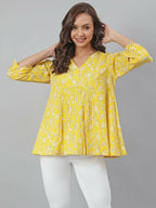 Janasya Women's Yellow Cotton Floral Print Flared Top | Grocsy