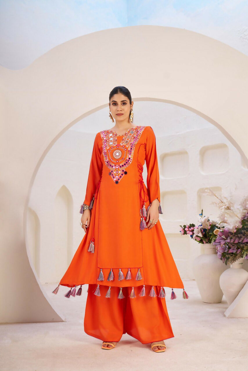 The52 Women's Gorgeous Rayon Fabric Thread Work Straight Kurta Palazzo Set | Grocsy