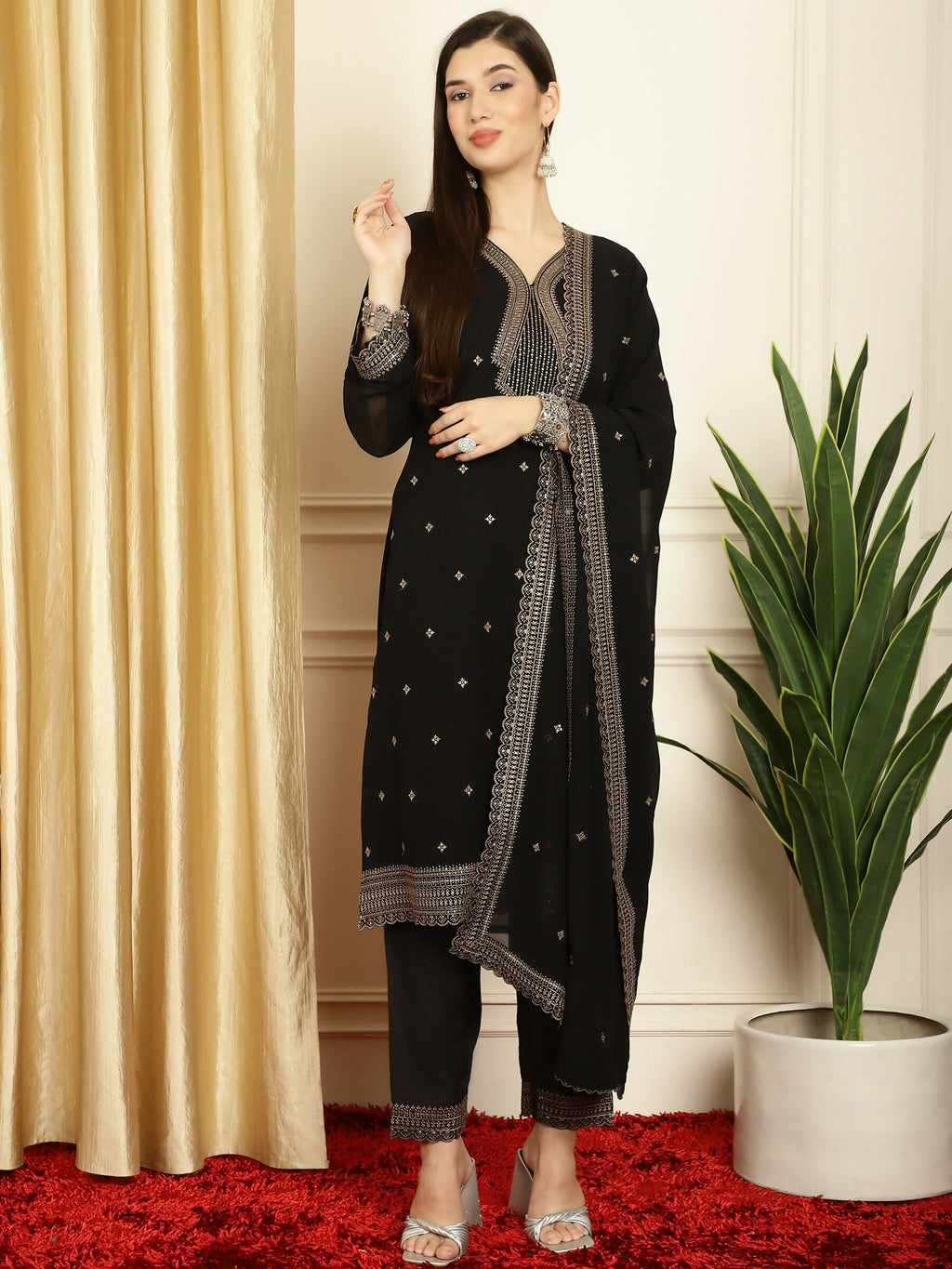 Jyoti Fashion Women's Black Georgette Resham Thread & Sequin Kurta with Trouser & Dupatta | Grocsy