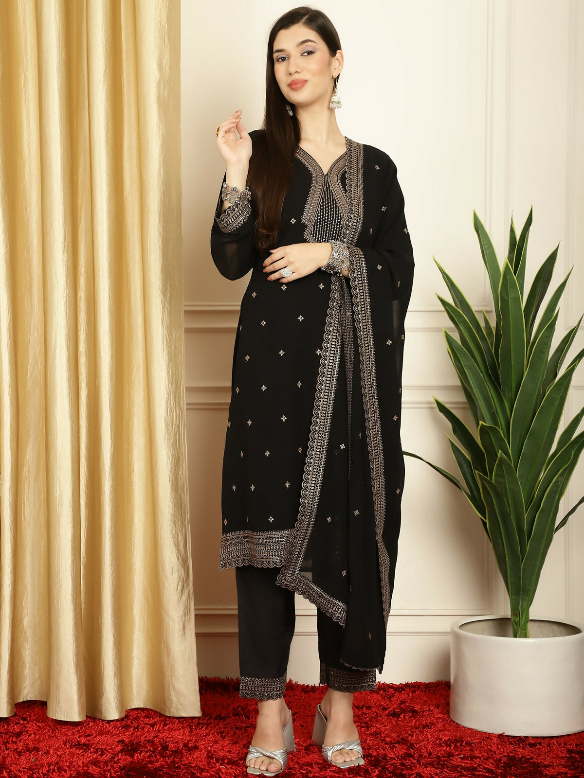 Jyoti Fashion Women's Black Georgette Resham Thread & Sequin Kurta with Trouser & Dupatta | Grocsy