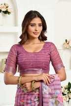 Joban Fashion Dusty Wine Floral & Striped Linen Ready To Wear Saree With Unstitched Blouse | Grocsy