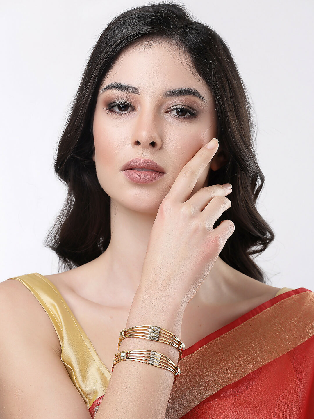 NVR Women Set of 2 Gold-Polished Kundan Studded Bangles