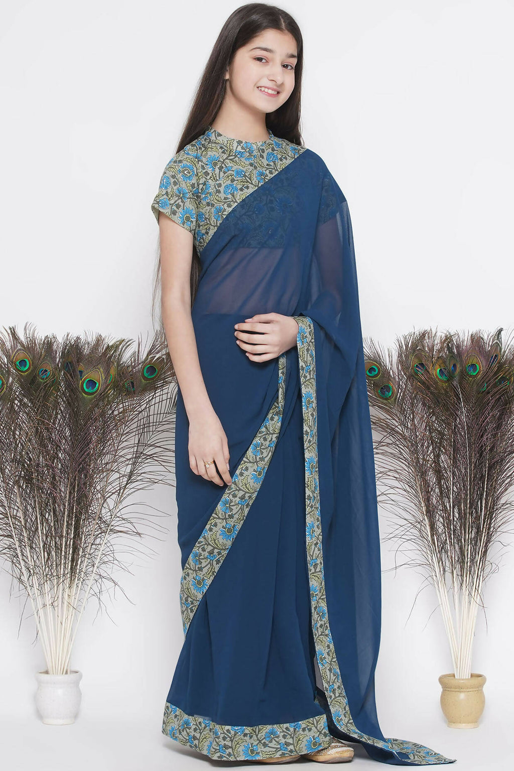 Little Bansi Floral Print Ready To Wear Saree And Floral Blouse - Blue | Grocsy