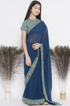 Little Bansi Floral Print Ready To Wear Saree And Floral Blouse - Blue | Grocsy