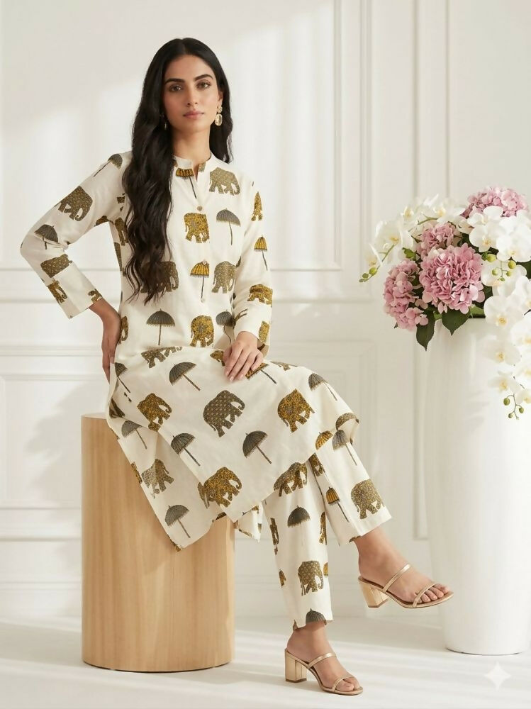Teeya Creation Women New Trendy Off-White & Mustard Yellow Elephant Print Cotton Kurta with Palazzos | Grocsy