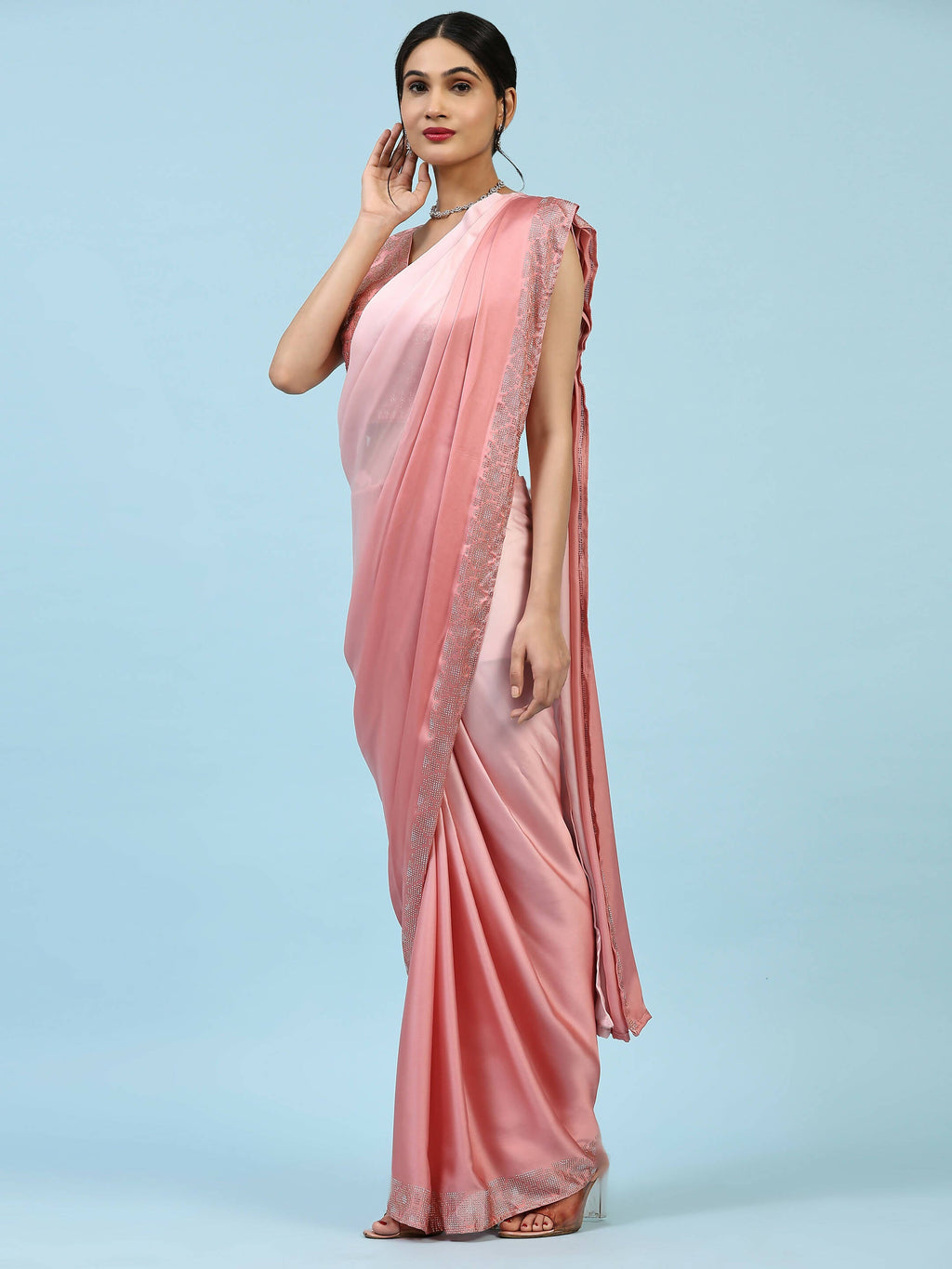Peach Ombre Satin Georgette Plain Ready to wear Saree with stitched Blouse - Vrinda | Grocsy