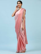 Peach Ombre Satin Georgette Plain Ready to wear Saree with stitched Blouse - Vrinda | Grocsy