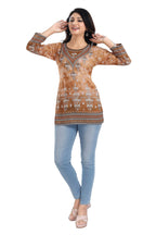 Snehal Creations Rustic Brown Faux Crepe Printed Short Kurti Tunic Top | Grocsy