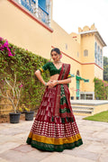 Vastranavya Printed and Foil Work Tussar Silk Lehenga with Unstitched Blouse - Maroon | Grocsy