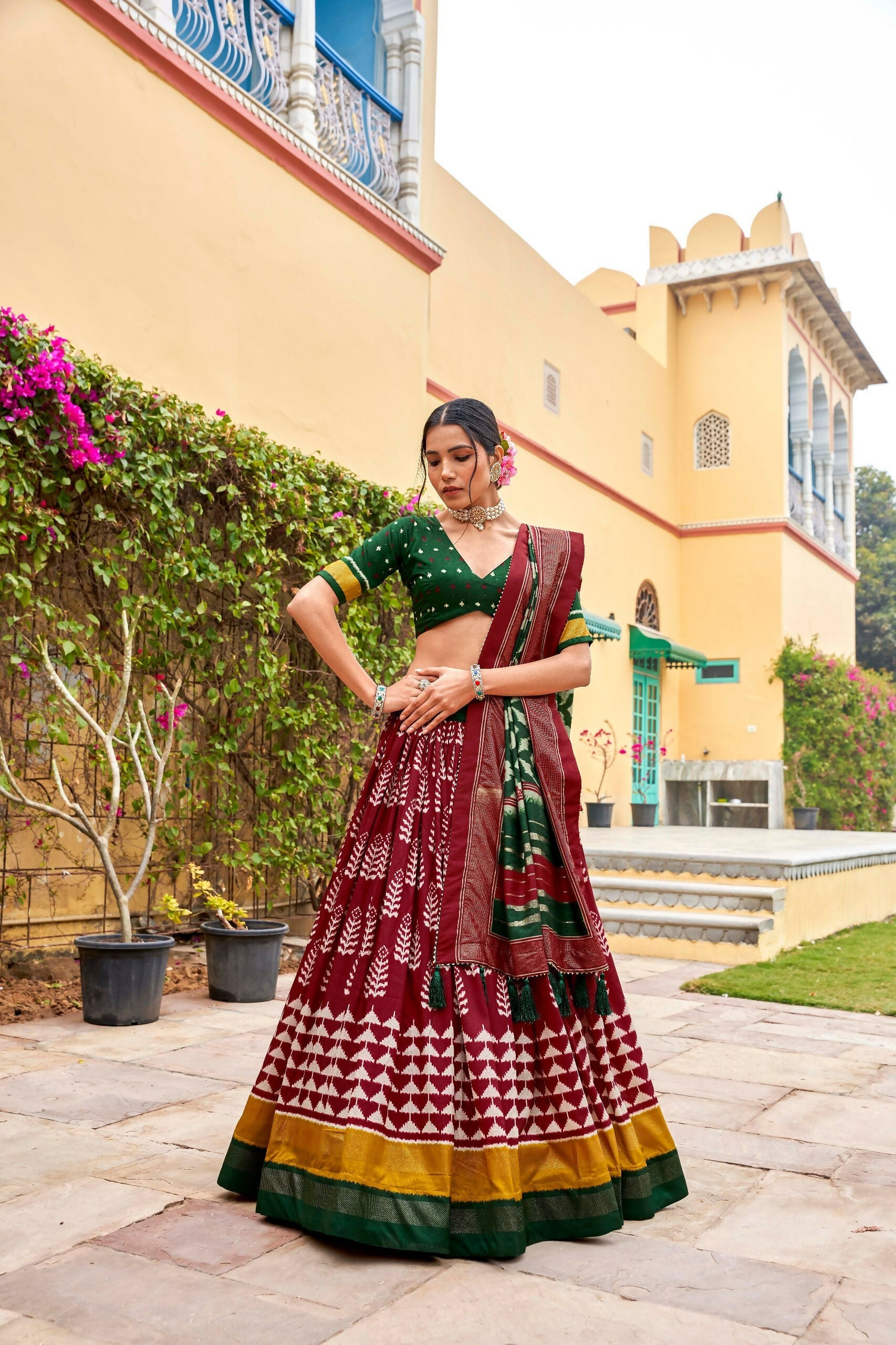 Vastranavya Printed and Foil Work Tussar Silk Lehenga with Unstitched Blouse - Maroon | Grocsy