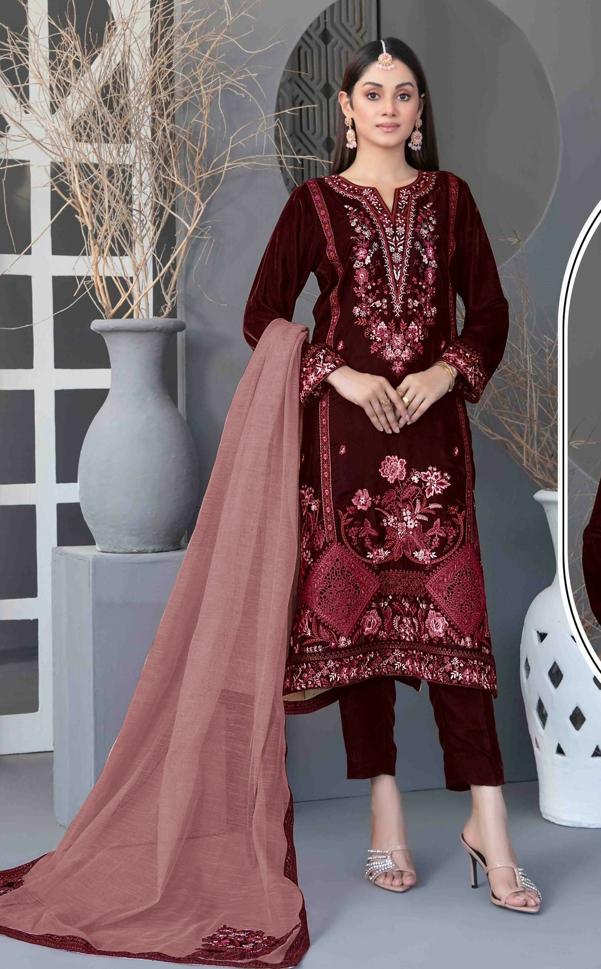 Anaita Maroon Velvet Suit with Embroidery Sequence Work | Grocsy
