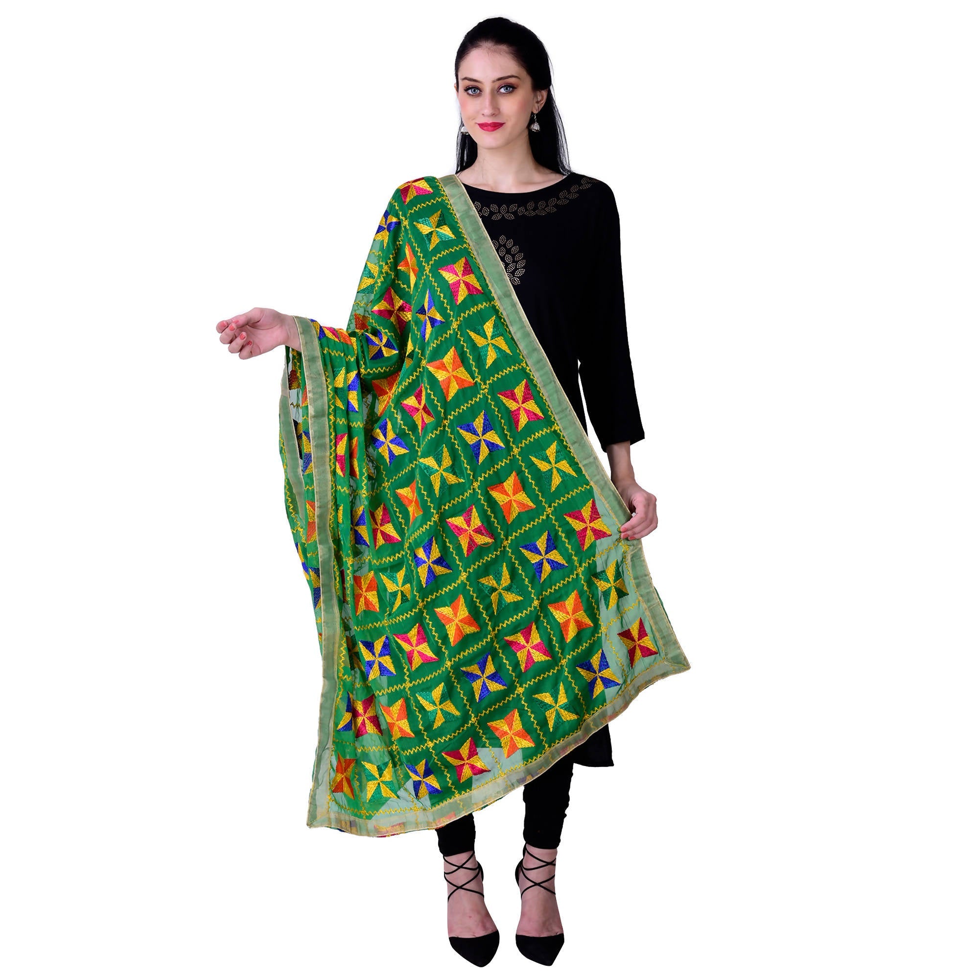 SWI Stylish Embroidered Phulkari Chiffon Green Dupatta | Grocsy