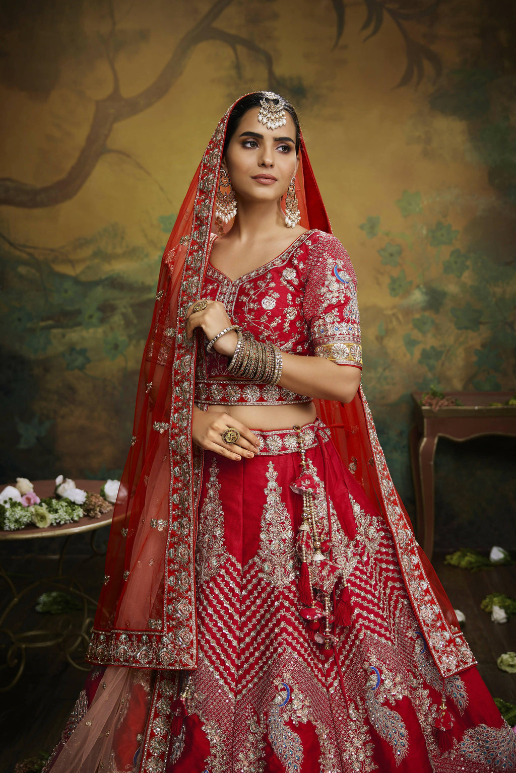 House of Panchhi Red Pure Silk Moti & Zarkan heavy embroidery Lehenga choli & Dupatta | Grocsy