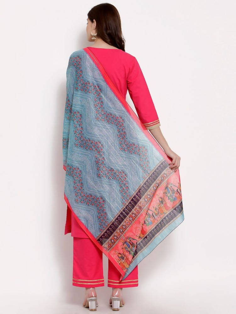 Myshka Women's Pink Cotton 3/4 Sleeve Round Neck Solid Casual Kurta Pant Dupatta Set | Grocsy