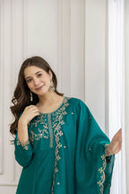 The52 Rama Women's Beautiful Vichitra Silk Fabric Embroidered Work Flared Anarkali Pant and Dupatta Set | Grocsy