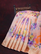 Vibrant Combination of Baby Peach and Orange with Floral Design Semi Chanderi Saree By Gayathri Reddy Designer Studio | Grocsy