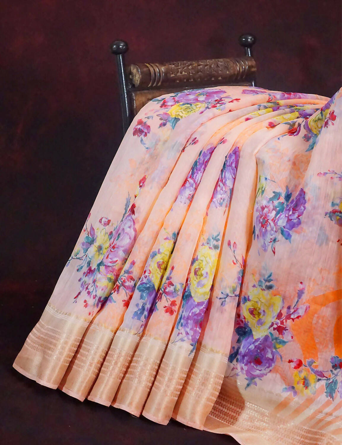 Vibrant Combination of Baby Peach and Orange with Floral Design Semi Chanderi Saree By Gayathri Reddy Designer Studio | Grocsy