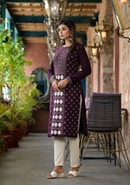 Juniper Women's Mauve Ethnic Motif Printed Polycotton Straight Round Neck Women Kurta | Grocsy
