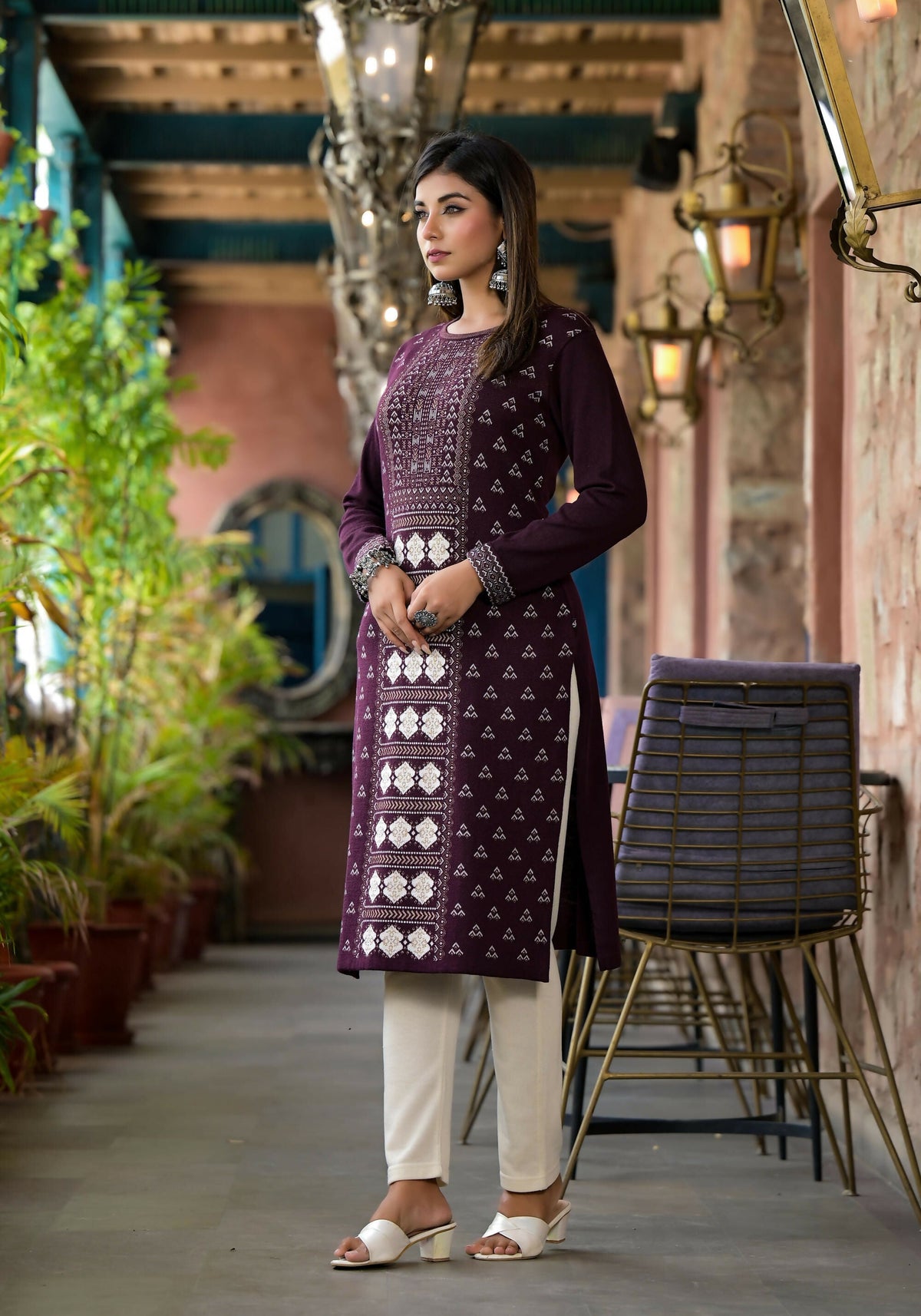 Juniper Women's Mauve Ethnic Motif Printed Polycotton Straight Round Neck Women Kurta | Grocsy