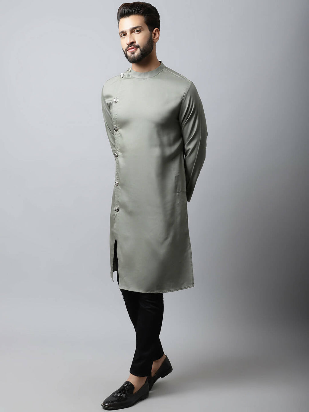 Even Apparels Grey Color Pure Cotton Sherwani Men's Kurta With Asymetrical Cut (SLD1181) | Grocsy