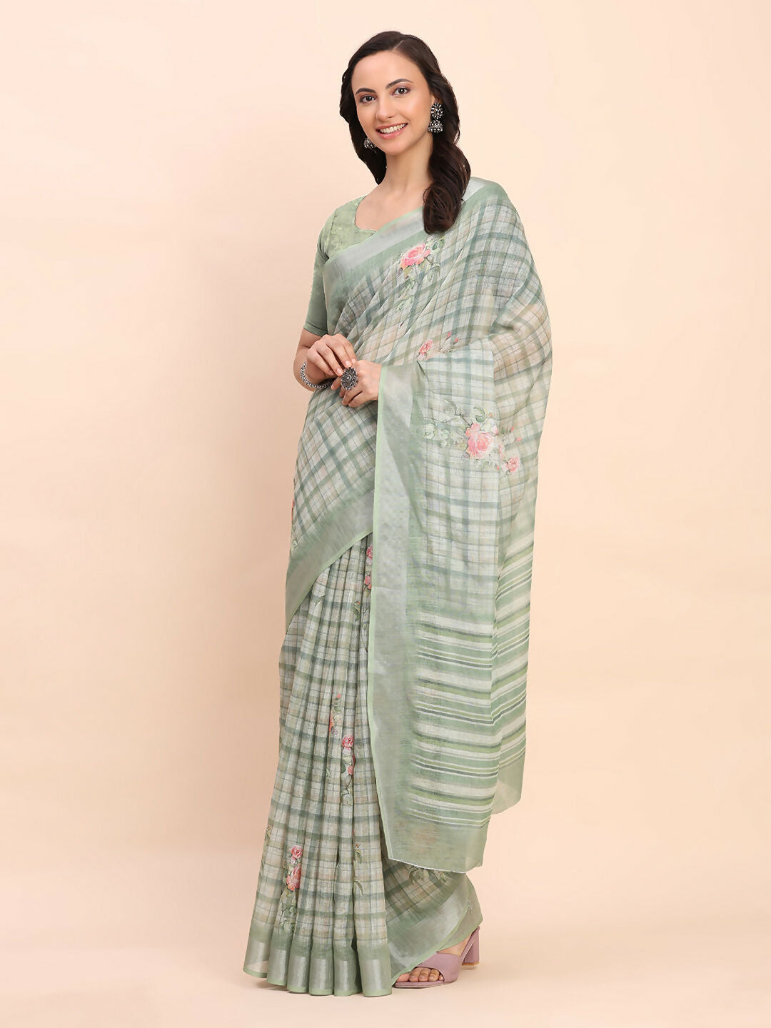 Shree Shyam Fashion Linen Cotton Light Green Saree | Grocsy
