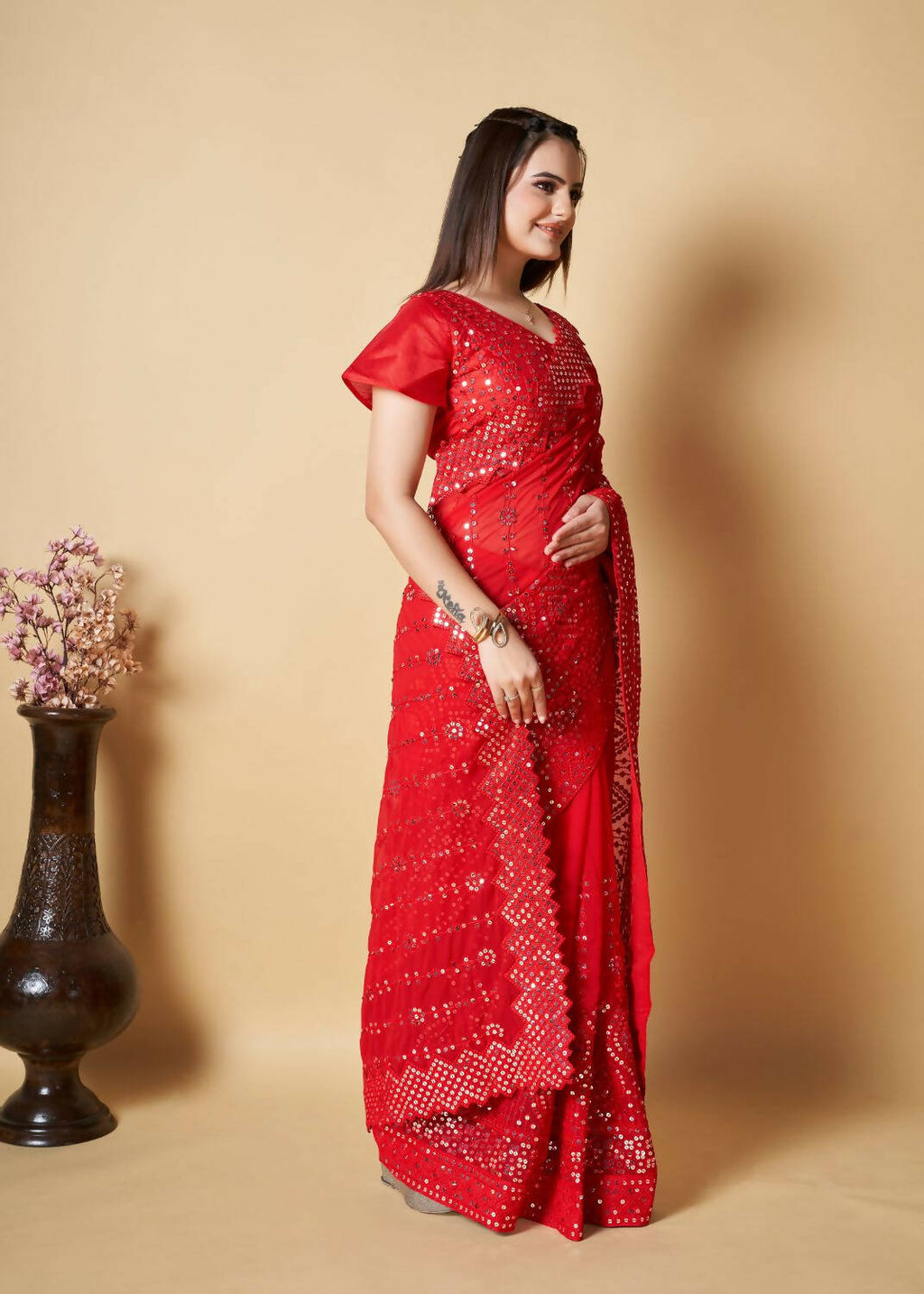 Vamsee Red Georgette Designer Saree | Grocsy