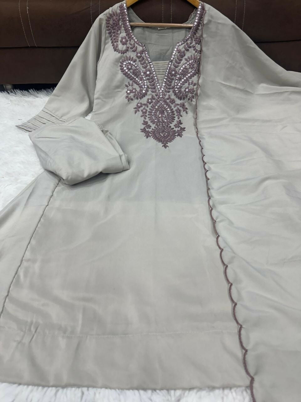 Teeya Creation Trends Grey Embroidered Kurta With Pant And Dupatta Set | Grocsy