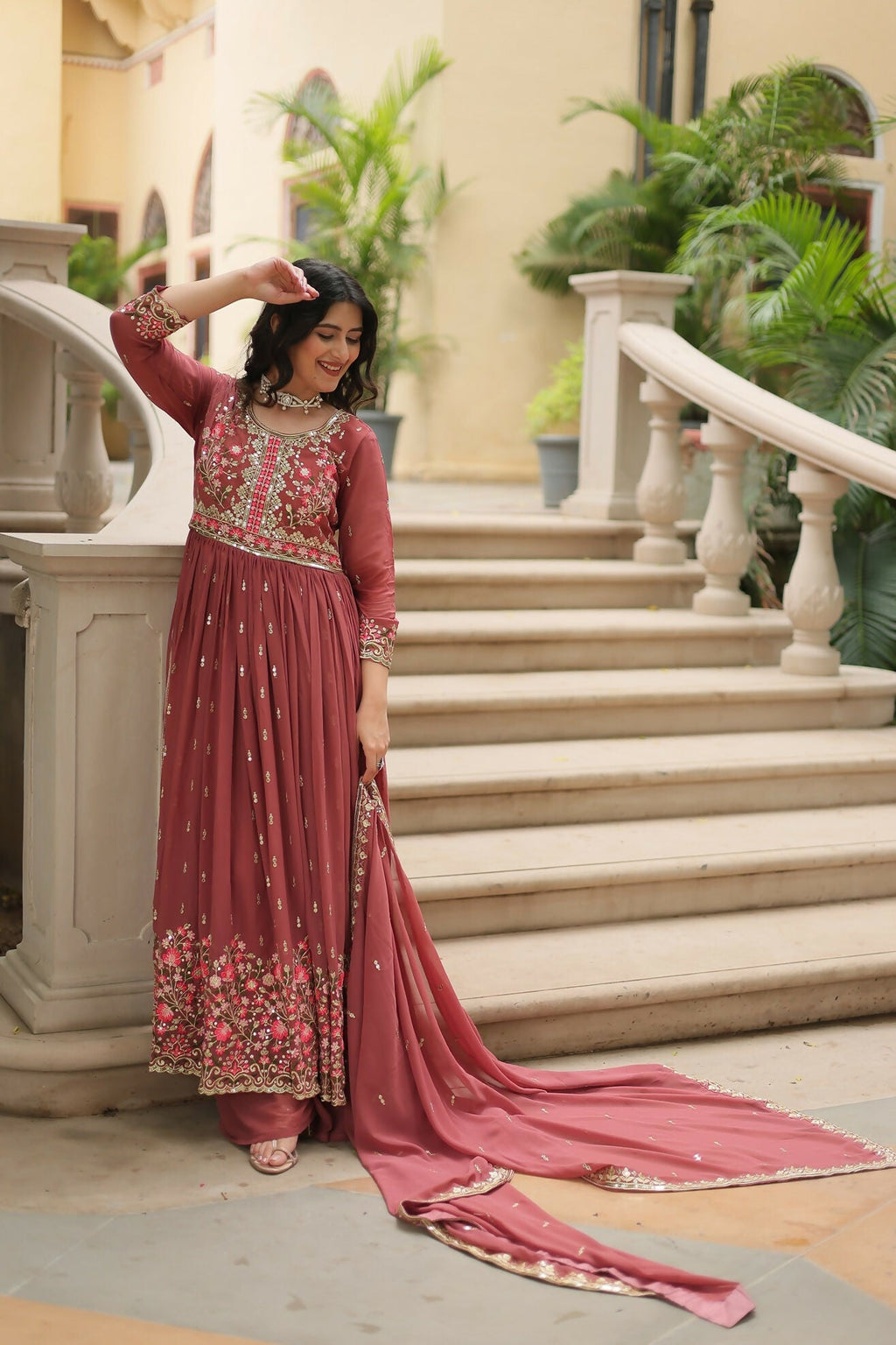 Joban Fashion Coffee Georgette Sequence Embroidery Work Kurta Set | Grocsy