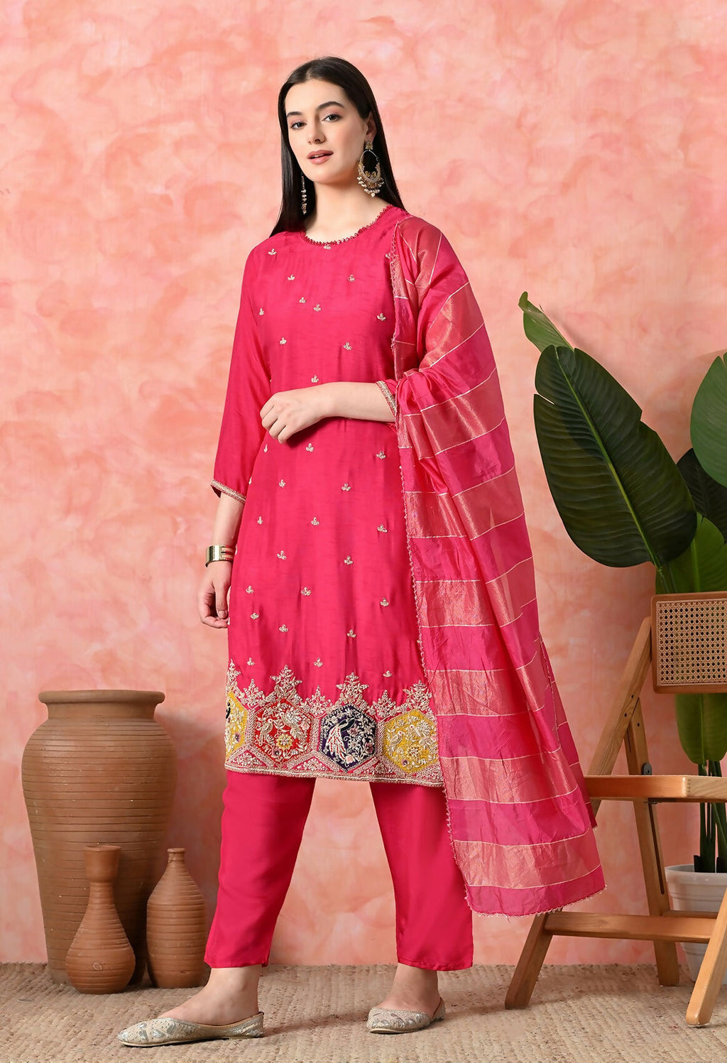 Joban Fashion Rani Premium Pure Viscose Print Dola With Handwork Kurta Set | Grocsy