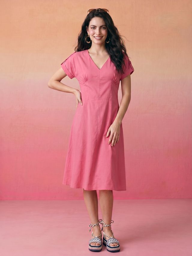 Janasya Pink A-Line Cotton Dress | Grocsy