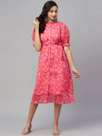 Myshka Women Pink Printed Half Sleeve Round Dress | Grocsy