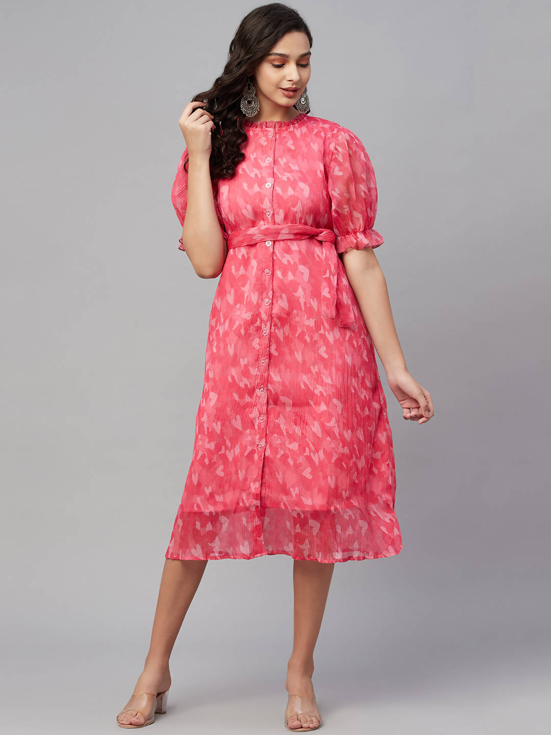 Myshka Women Pink Printed Half Sleeve Round Dress | Grocsy