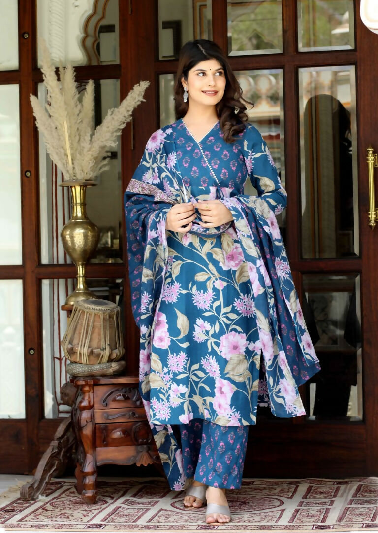 Miravan Women's Cotton Floral Angrakha Kurta And Palazzo With Dupatta Set | Grocsy