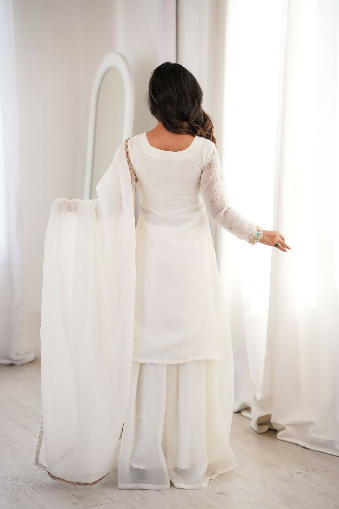 Teeya Creation White Color Soft Crunchy Silk Party Wear Designer Sharara set | Grocsy