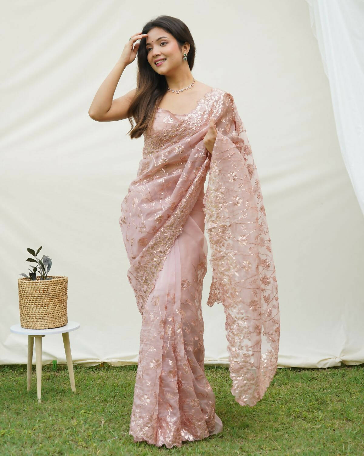 Vamsee Brown Organza Saree | Grocsy