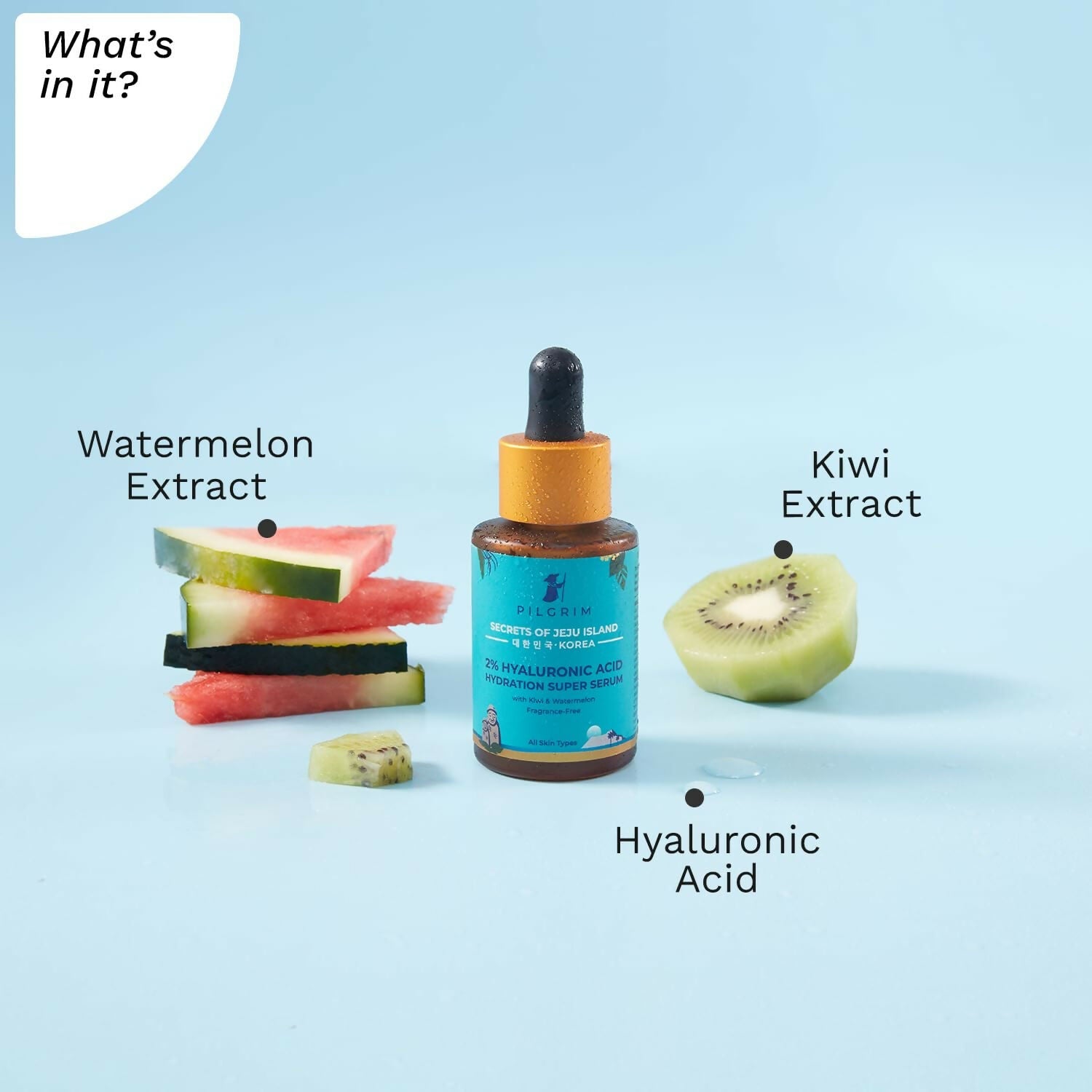 Pilgrim 2% Hyaluronic Acid Hydration Super Serum With Kiwi & Watermelon Extracts For Hydrated Skin - Korean Skin Care | Grocsy
