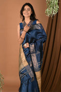 Very Much Indian Handloom Pure Dupion Silk Saree With Sleek Golden Border - Blue | Grocsy