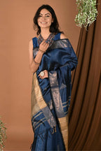 Very Much Indian Handloom Pure Dupion Silk Saree With Sleek Golden Border - Blue | Grocsy