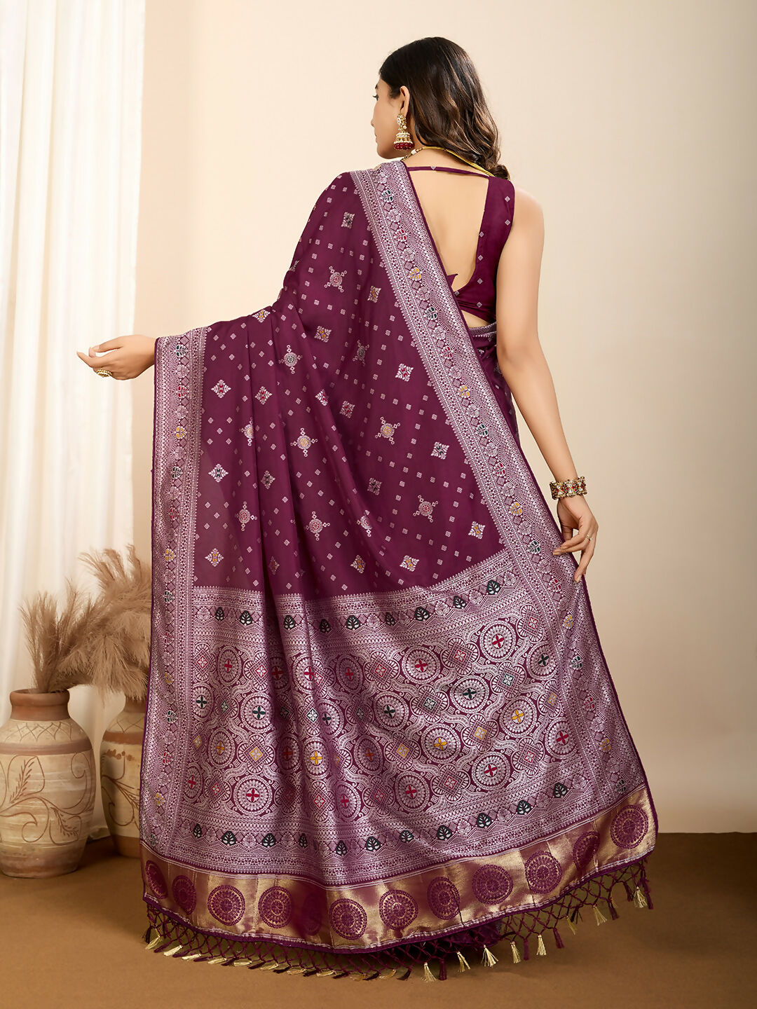 Wine Soft Silk Woven Meenakari Designer Saree - Vedanti | Grocsy