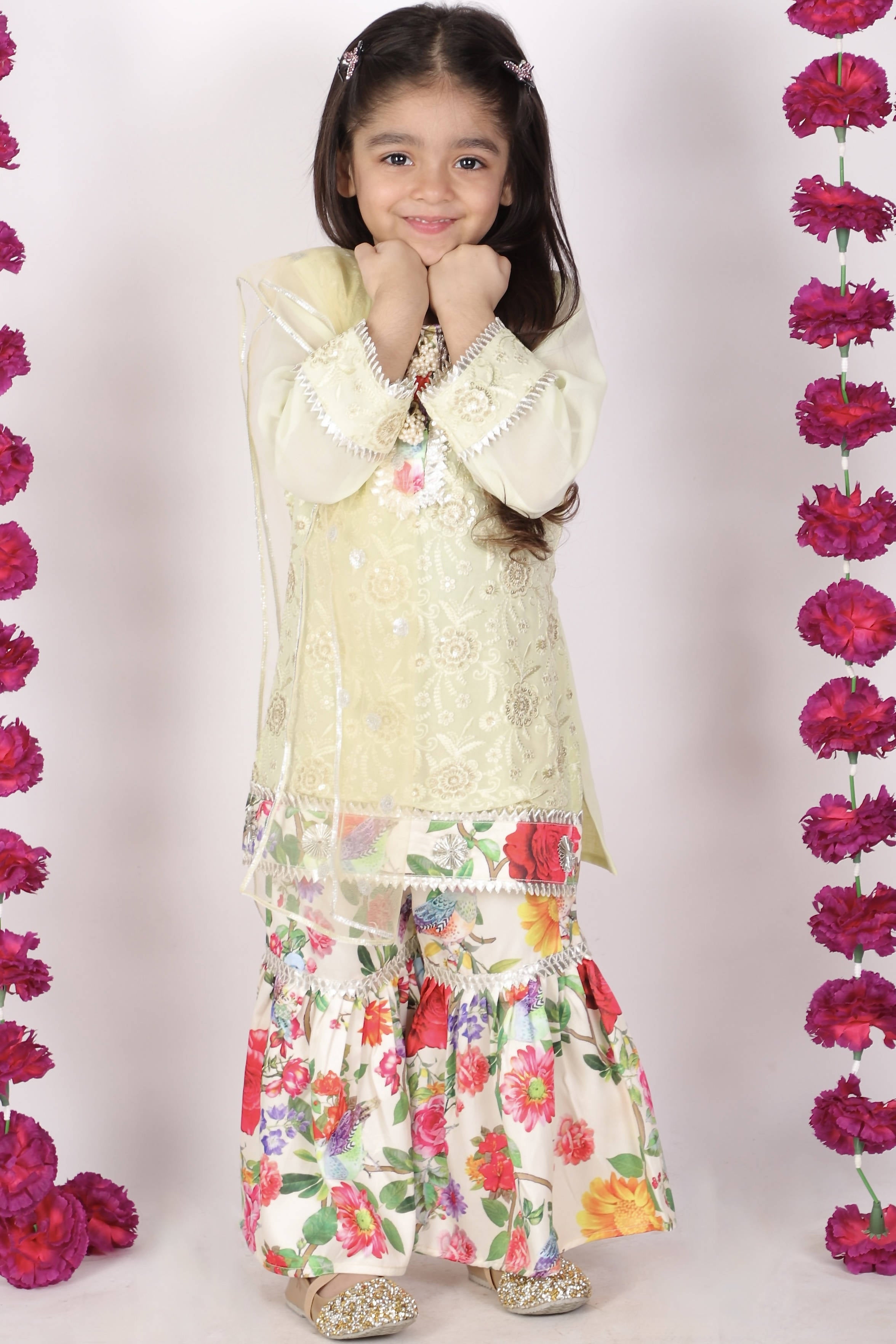 Little Bansi Girls Green & yellow Embrodiery Kurta with Floral Sharara | Grocsy