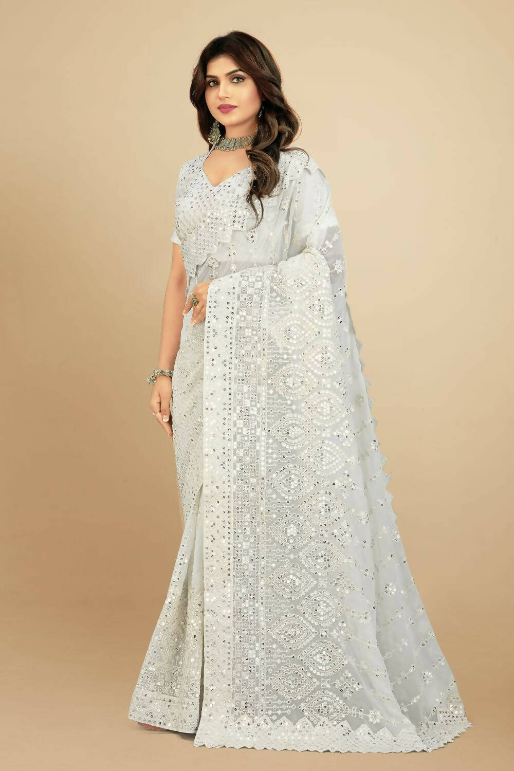 Vamsee White Georgette Designer Saree | Grocsy
