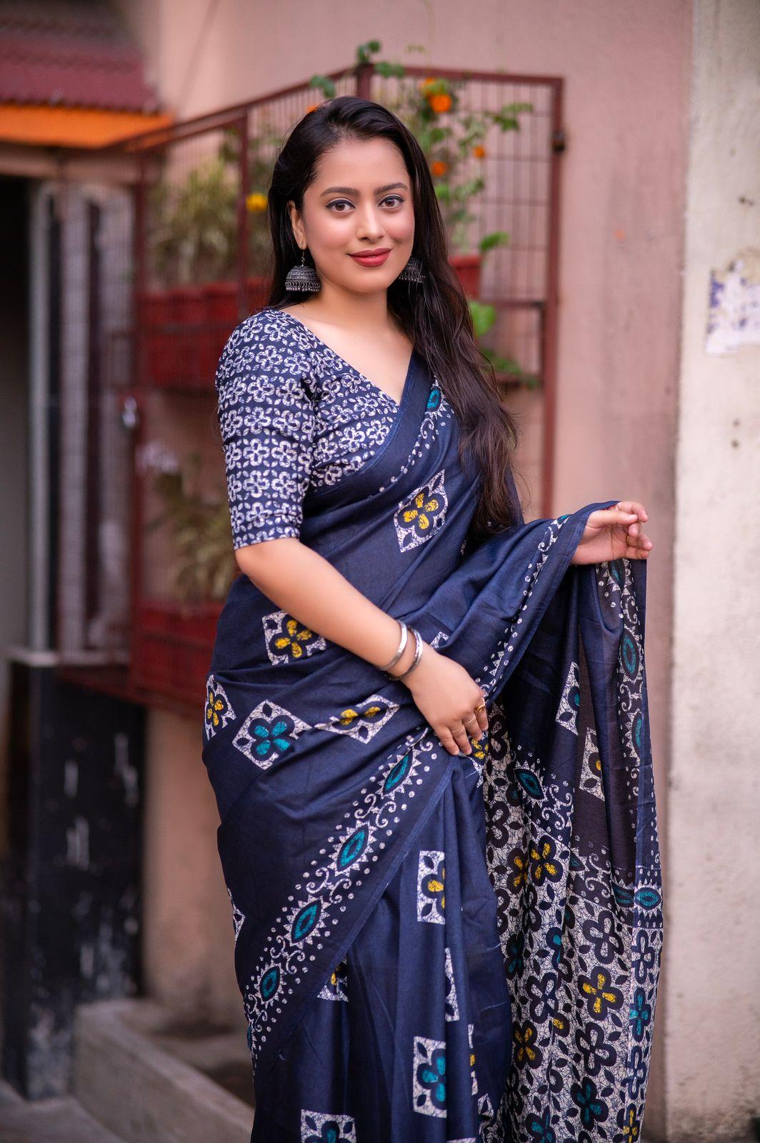 Blue Silk Blend Ethnic Motifs Saree with Unstitched Blouse - A2M | Grocsy