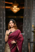 Very Much Indian VMI Exclusive Designer! Handloom Cotton Silk Saree With Sleek Golden Border - Maroon Shade | Grocsy