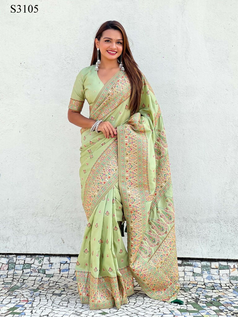 Pista Pashmina Silk Wevon Kashmiri Meenakari Designer Saree with Unstitched Blouse - Vandini | Grocsy