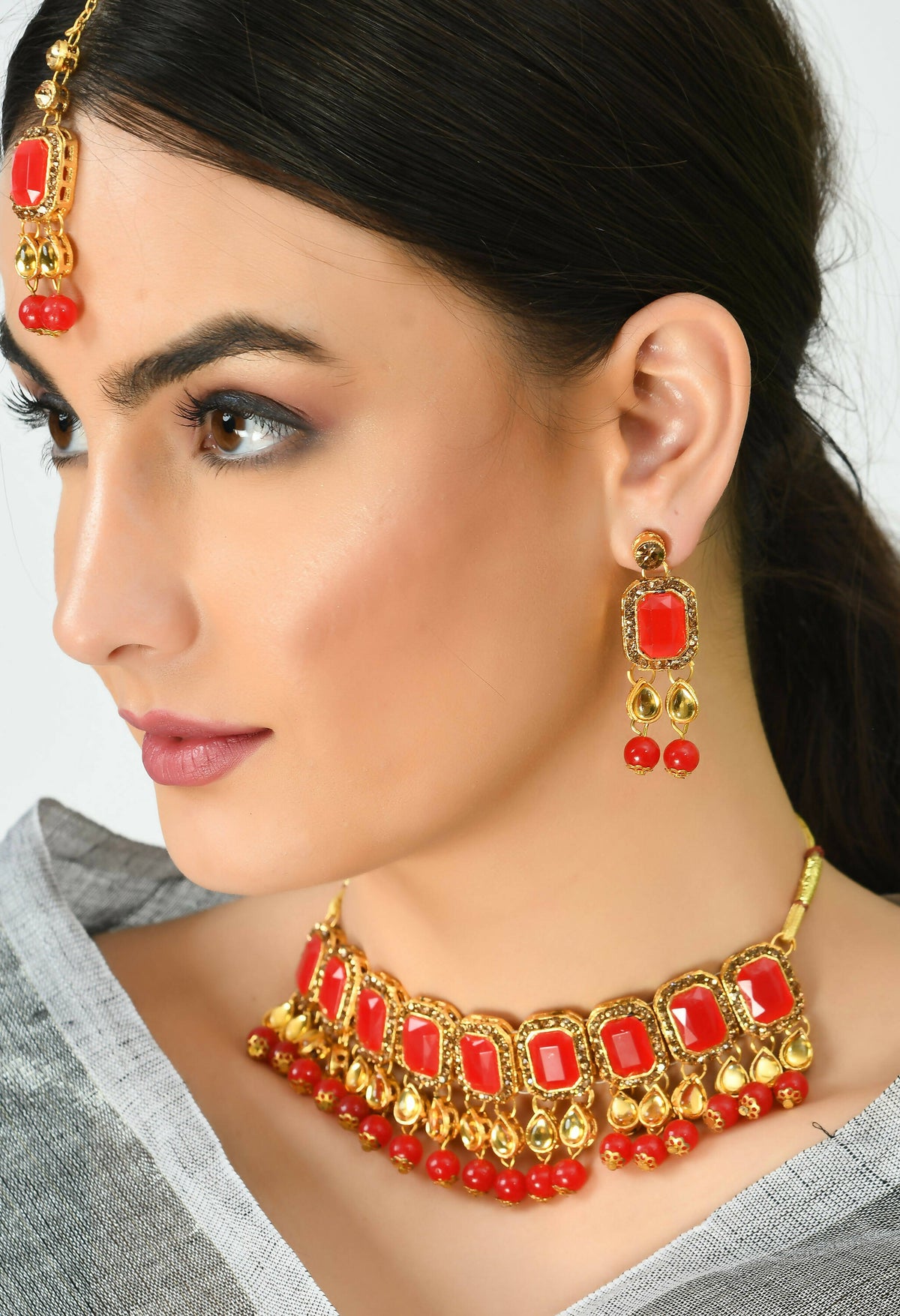 Mominos Fashion Johar Kamal Gold-Polished Brass Finish Kundan/Pearls Choker For Women (Red) | Grocsy