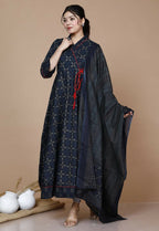 Miravan Women's Abstract Printed & Tasseles Angrakha Kurta With Blue Dupatta Set | Grocsy